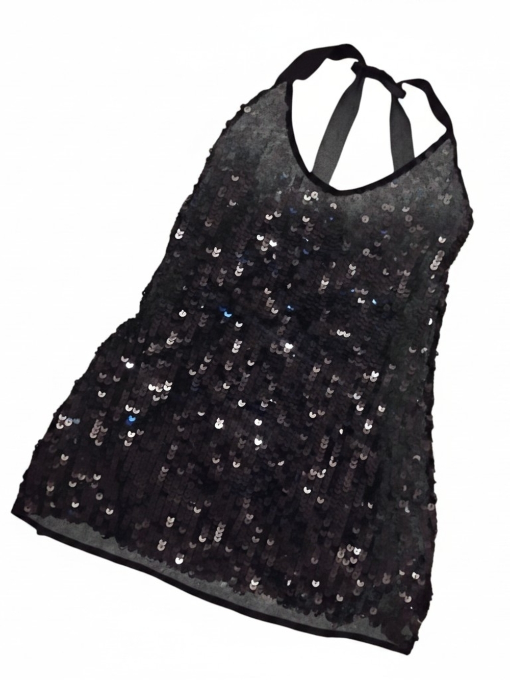 Women's Sequin Sprappy Halter Mini Dress Black Size Large Stretchy Date Night - Picture 2 of 8